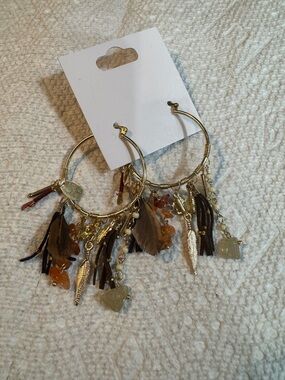 Gold-Tone Boho Hoop Earrings with Feather & Stone Charms
